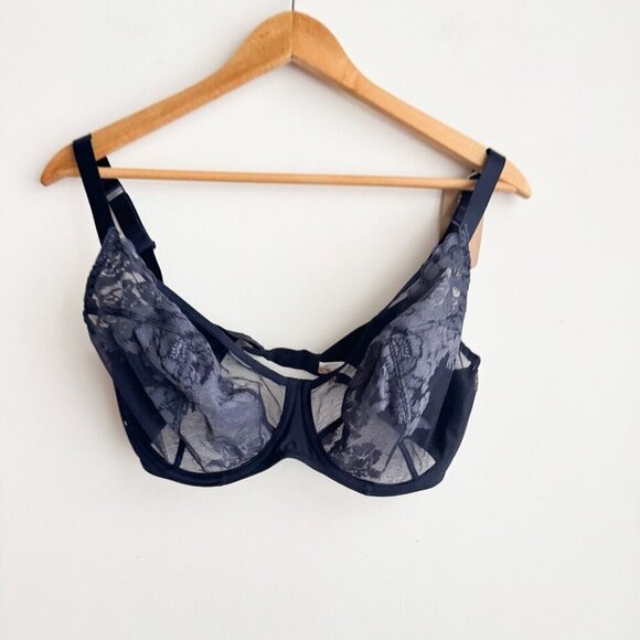 Lajaby Navy Blue Sheer Floral Underwire Bra 36F - Picture 6 of 6